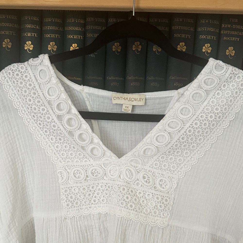 Cynthia Rowley White Cotton Gauze V-Neck Lace Peasant Blouse - Picture 4 of 4